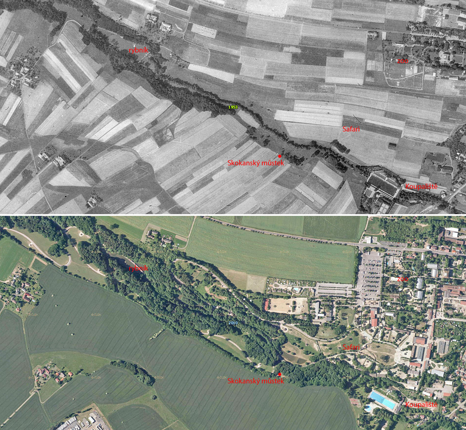 srovnn zem dolka potoku Neteba v roce 1953 a v roce 2010.